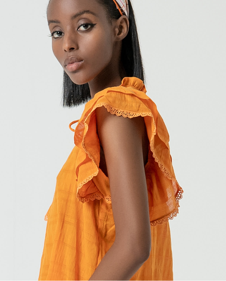 Surkana Blusa Romántica Con Volantes Lisa Naranja