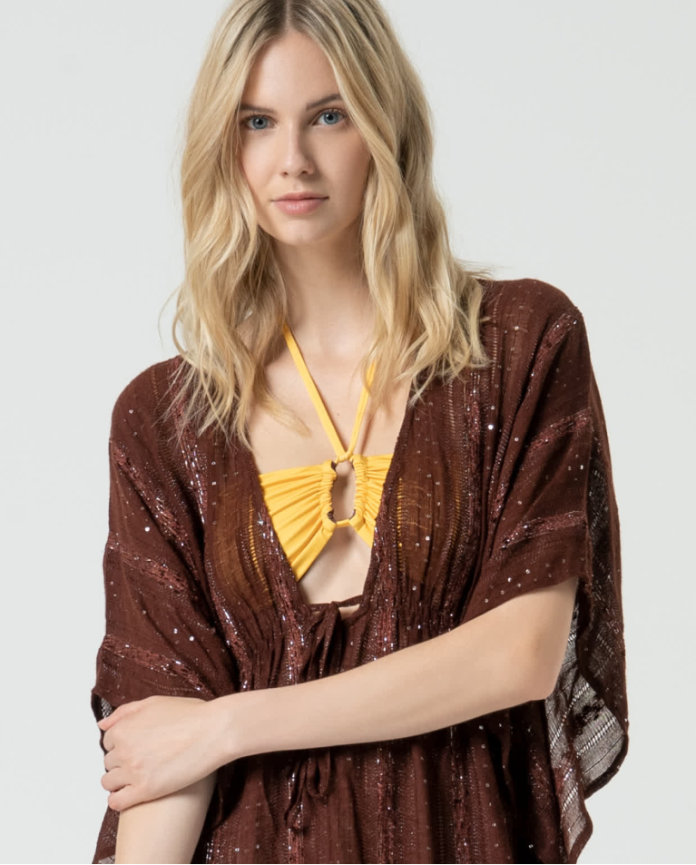 Surkana Caftán Corto Con Lentejuelas Liso Marrón