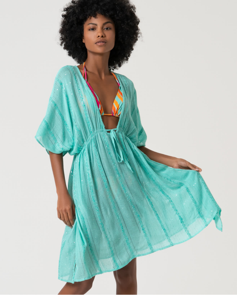 Surkana Caftán Corto Con Lentejuelas Liso Turquesa