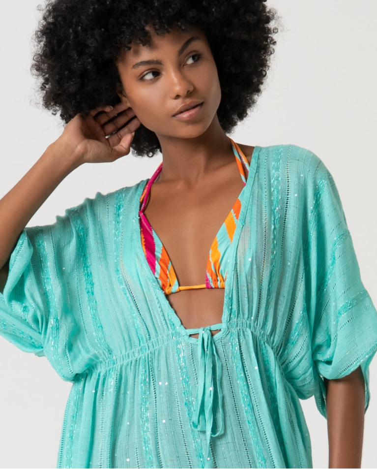 Surkana Caftán Corto Con Lentejuelas Liso Turquesa