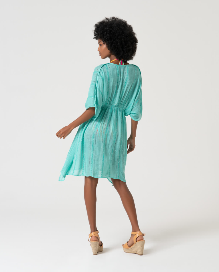 Surkana Caftán Corto Con Lentejuelas Liso Turquesa