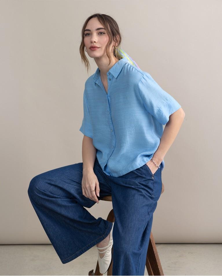 Surkana Camisa Corta Satinada Lisa Azul Celeste