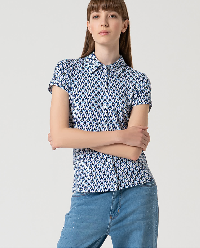 Surkana Camisa Elástica Manga Corta Estampada Azul