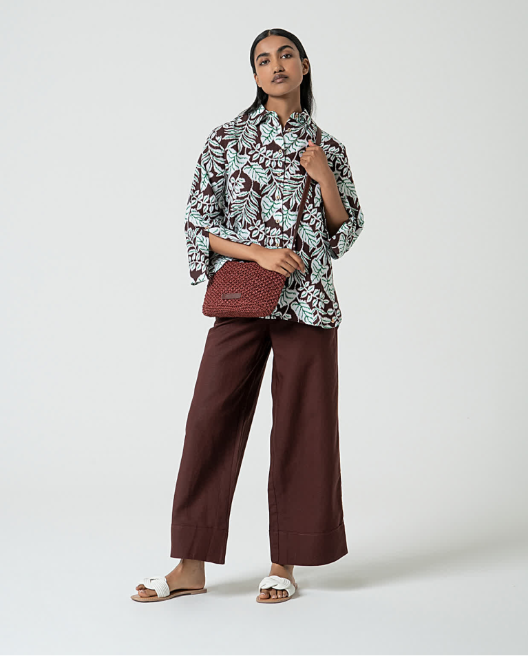 Surkana Camisa Oversize De Lino Estampada Marrón