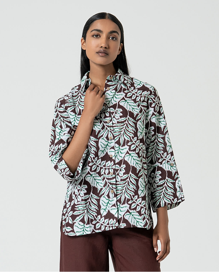 surkana Camisa oversize de lino estampada Marrón