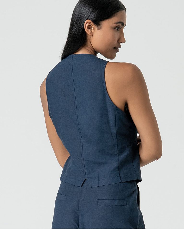 Surkana Chaleco De Lino Liso Marino