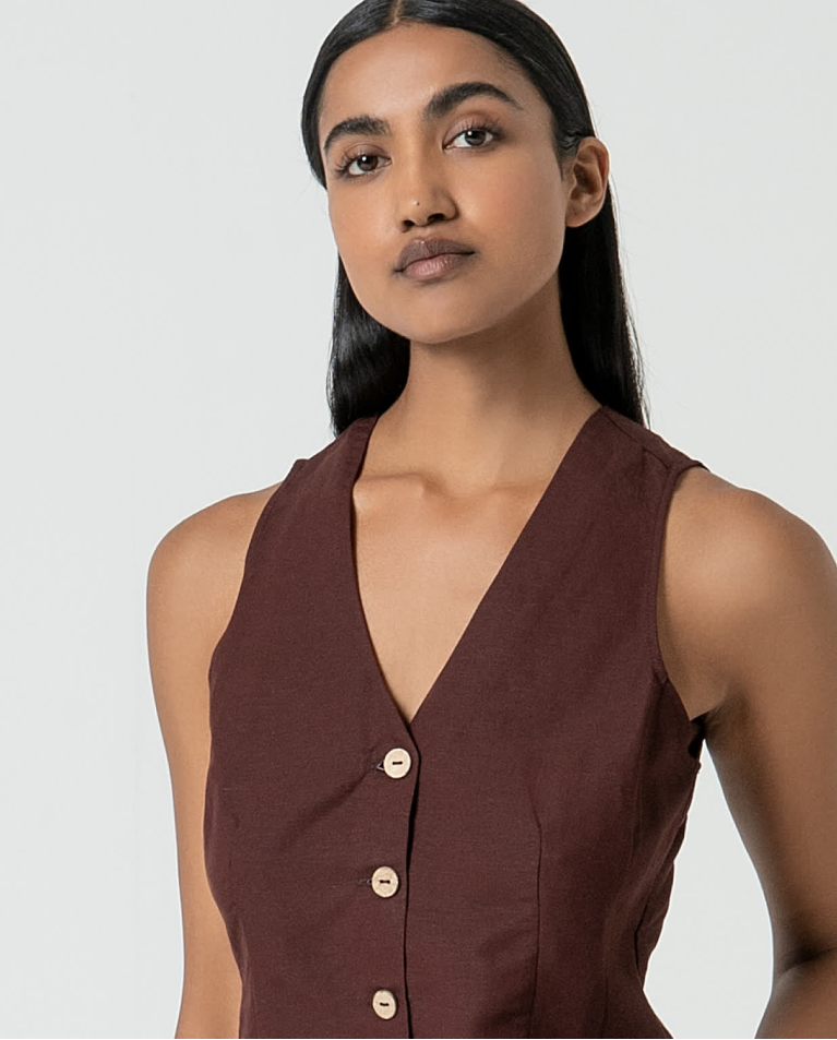 Surkana Chaleco De Lino Liso Marrón