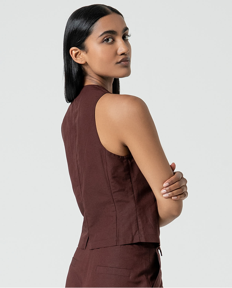 Surkana Chaleco De Lino Liso Marrón