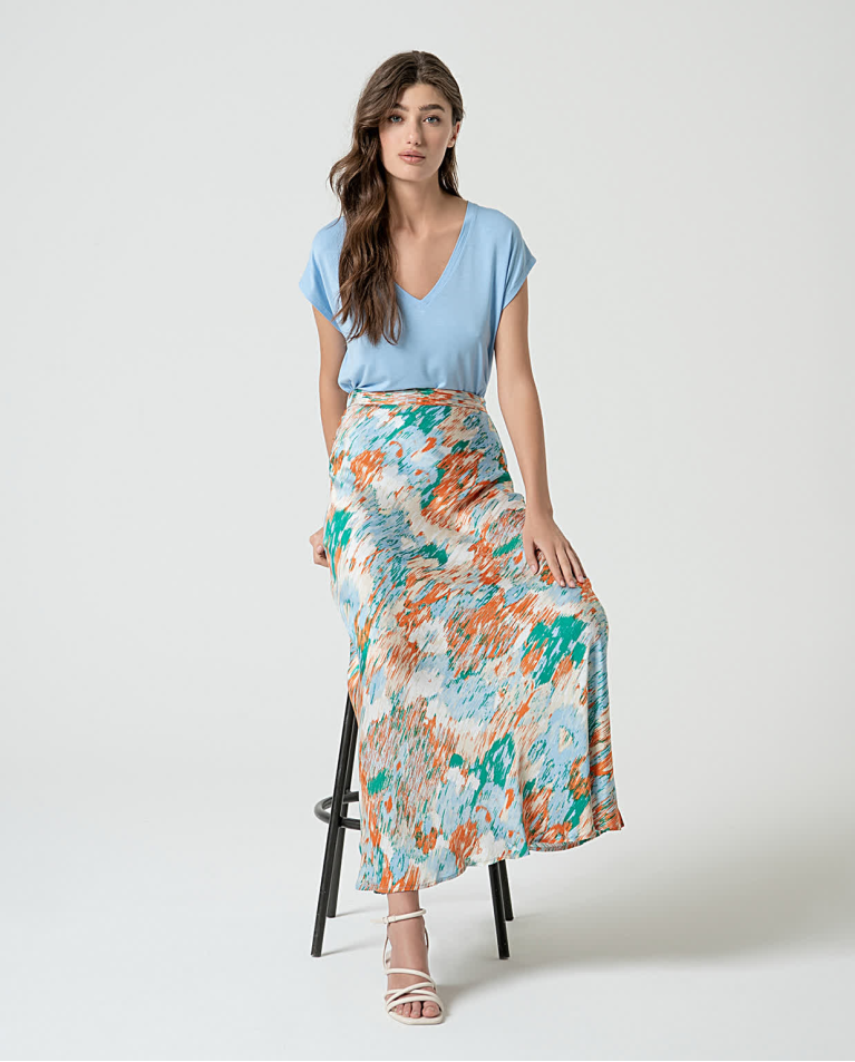 Surkana Falda Larga Satinada Estampada Azul