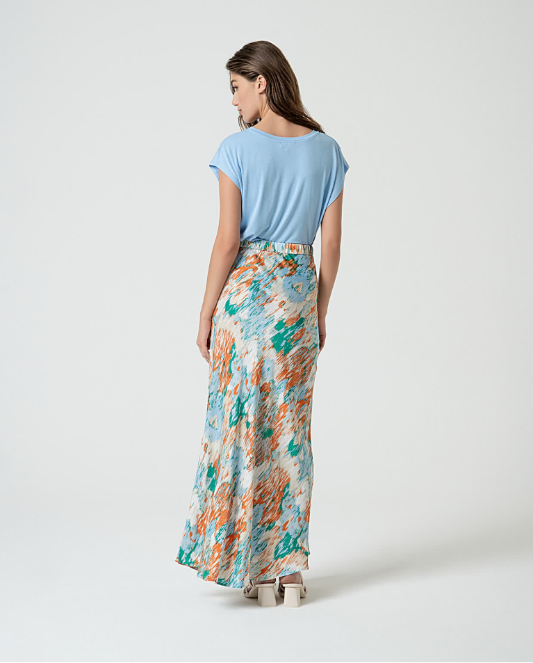 Surkana Falda Larga Satinada Estampada Azul