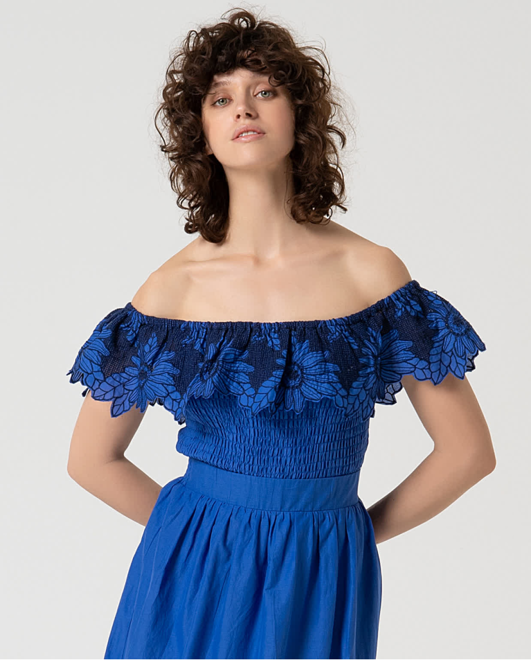 Surkana Falda Midi Con Bordado Suizo Azul Cobalto