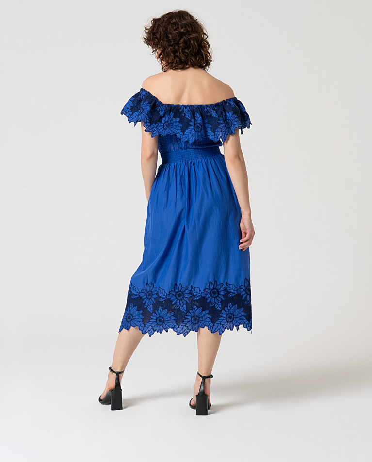 Surkana Falda Midi Con Bordado Suizo Azul Cobalto