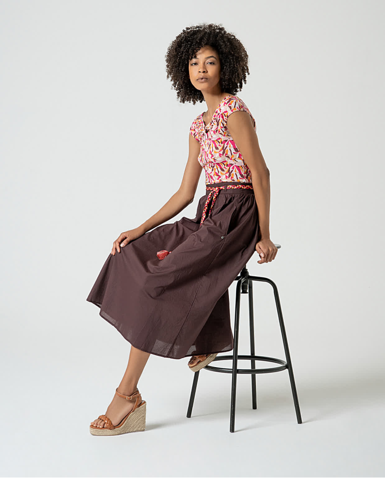 Surkana Falda Midi De Algodón Con Cinturón Marrón