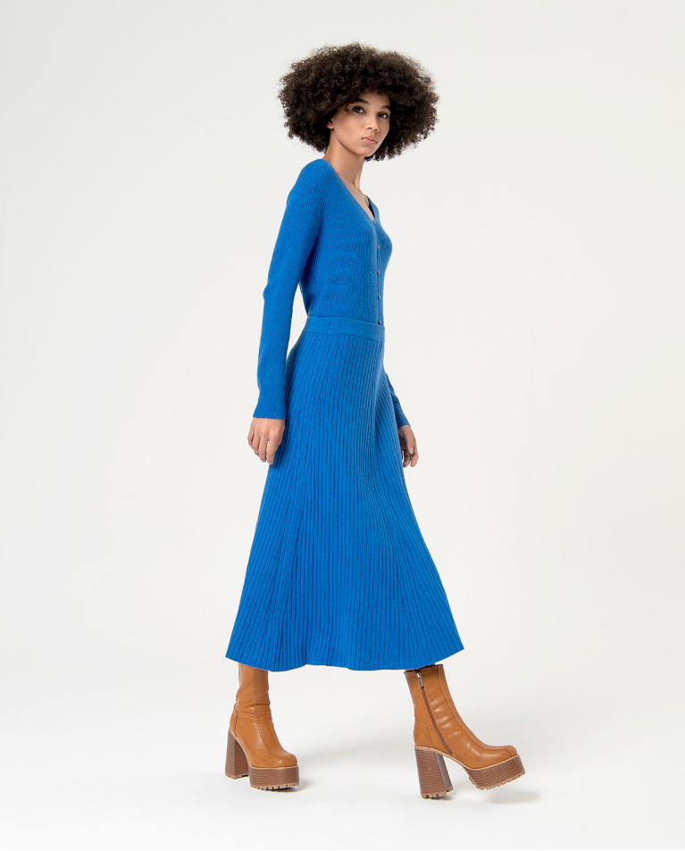 Surkana Falda Midi De Punto Grueso Lisa Azul