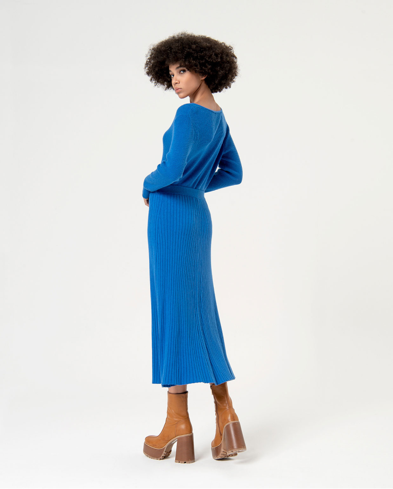 Surkana Falda Midi De Punto Grueso Lisa Azul