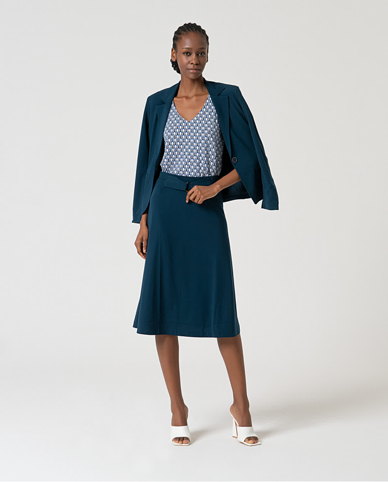 Surkana Falda Midi Elástica Lisa Azul Petróleo