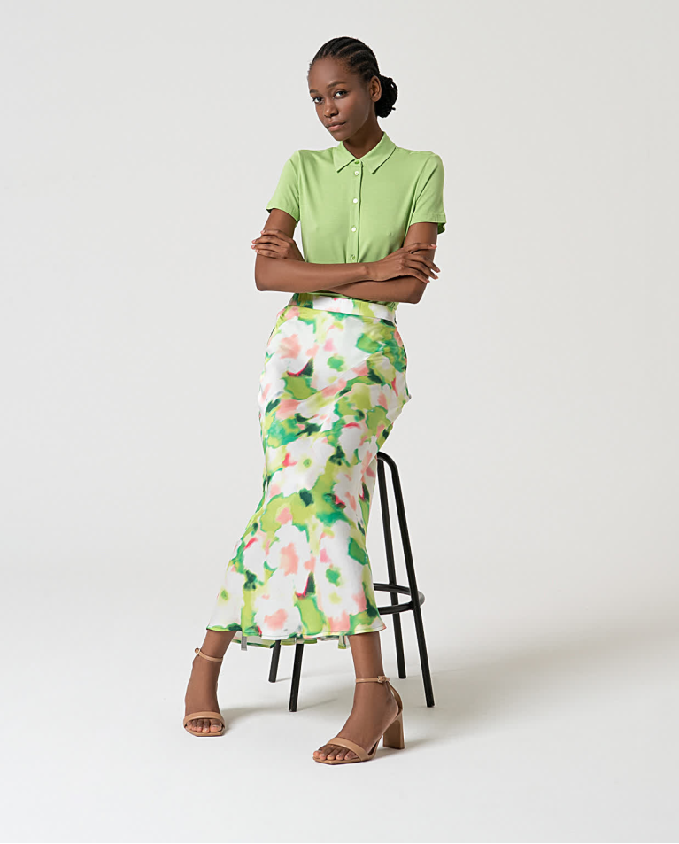 Surkana Falda Midi Satinada Estampada Verde