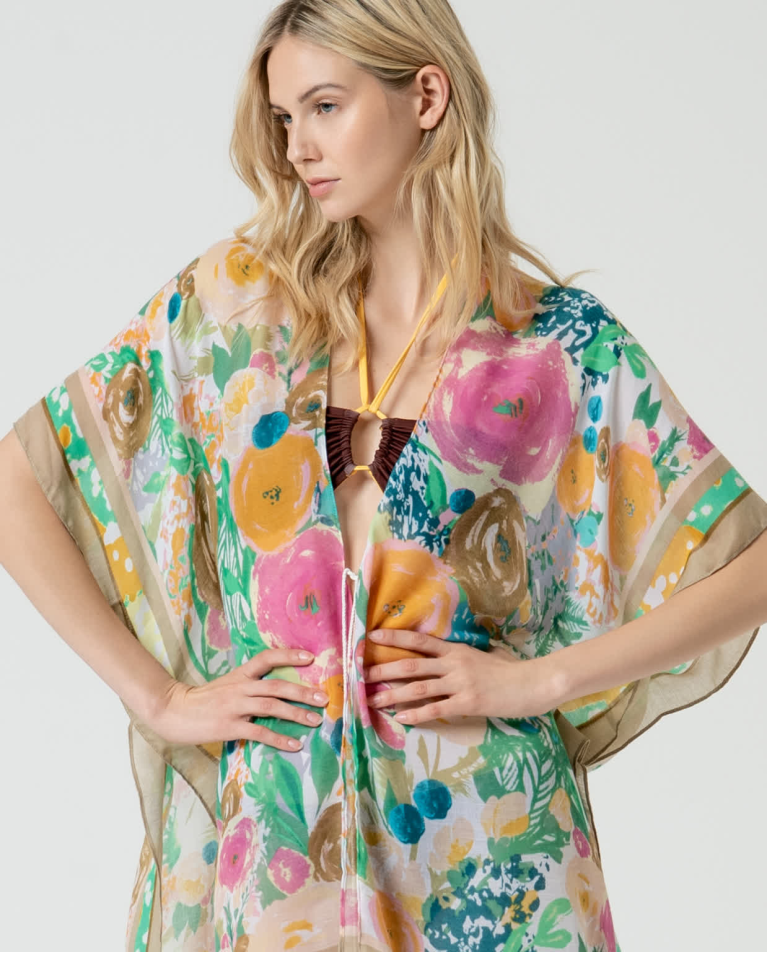 Surkana Kaftán Corto Abierto Estampado Camel