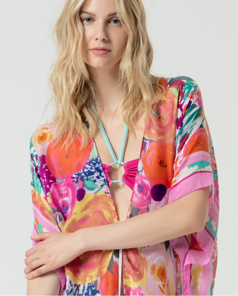 Surkana Kaftán Corto Abierto Estampado Rosa