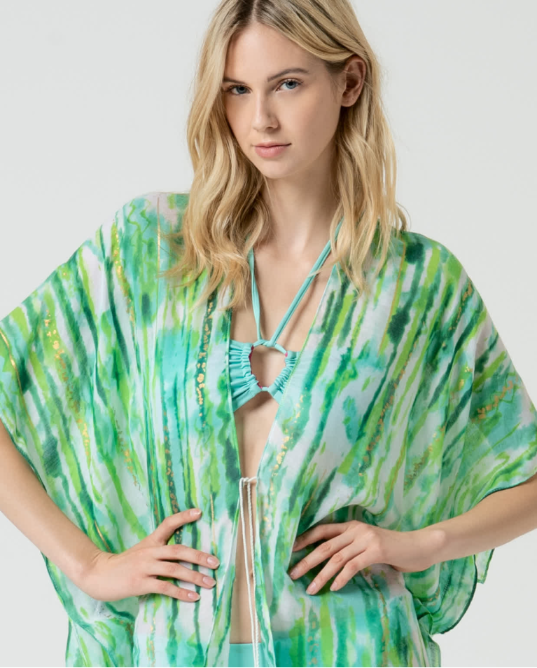 Surkana Kaftán Corto Abierto Estampado Verde