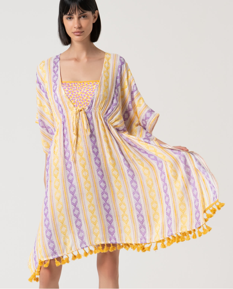 Surkana Kaftán Corto Cerrado Estampado Amarillo