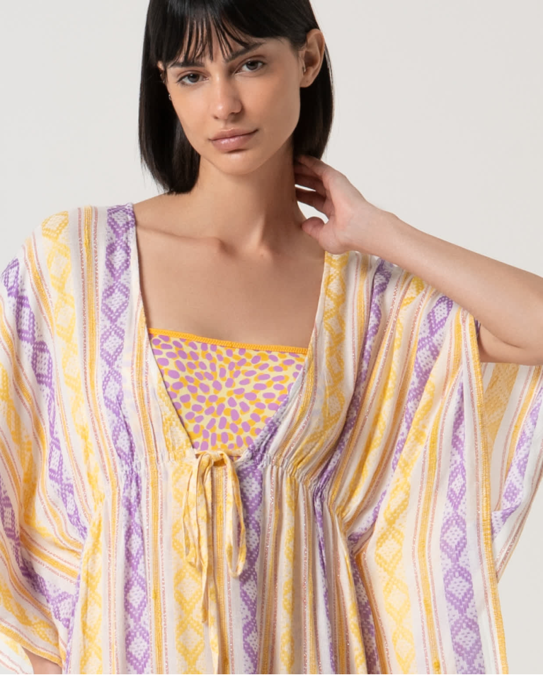 Surkana Kaftán Corto Cerrado Estampado Amarillo