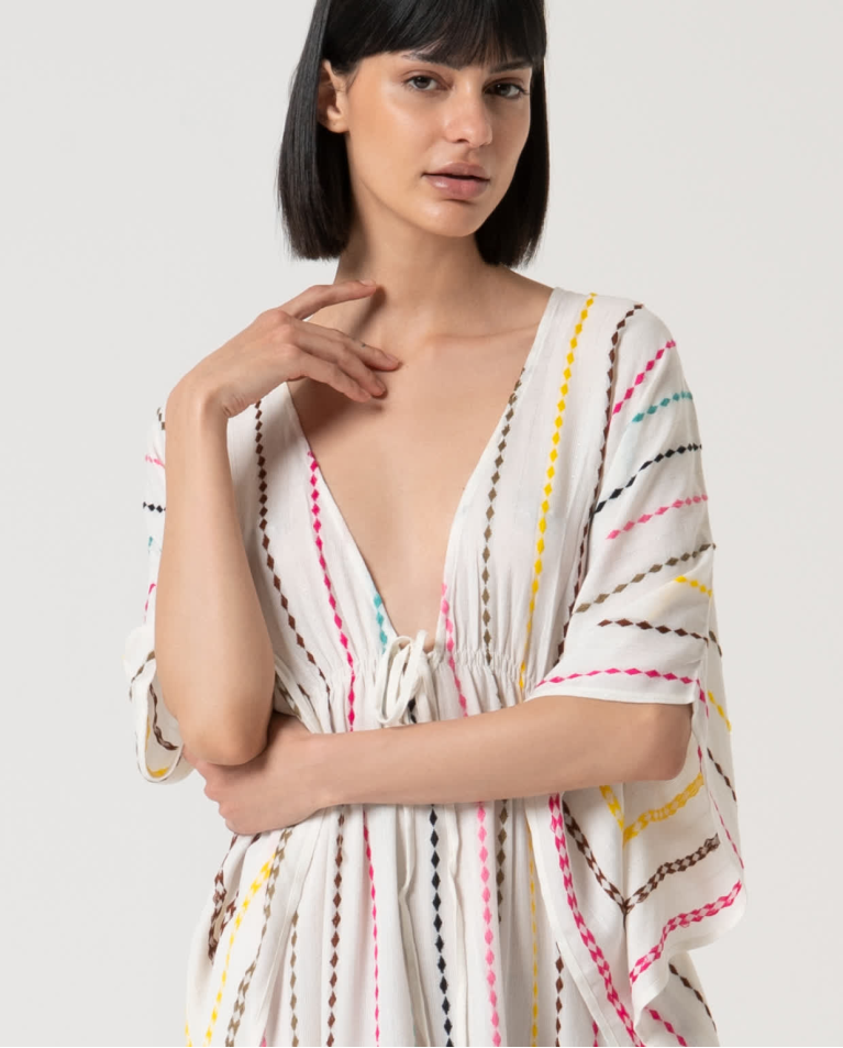 Surkana Kaftán Corto Cerrado Estampado Blanco