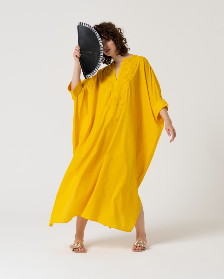 Surkana Kaftán Largo Cerrado Algodón Liso Amarillo