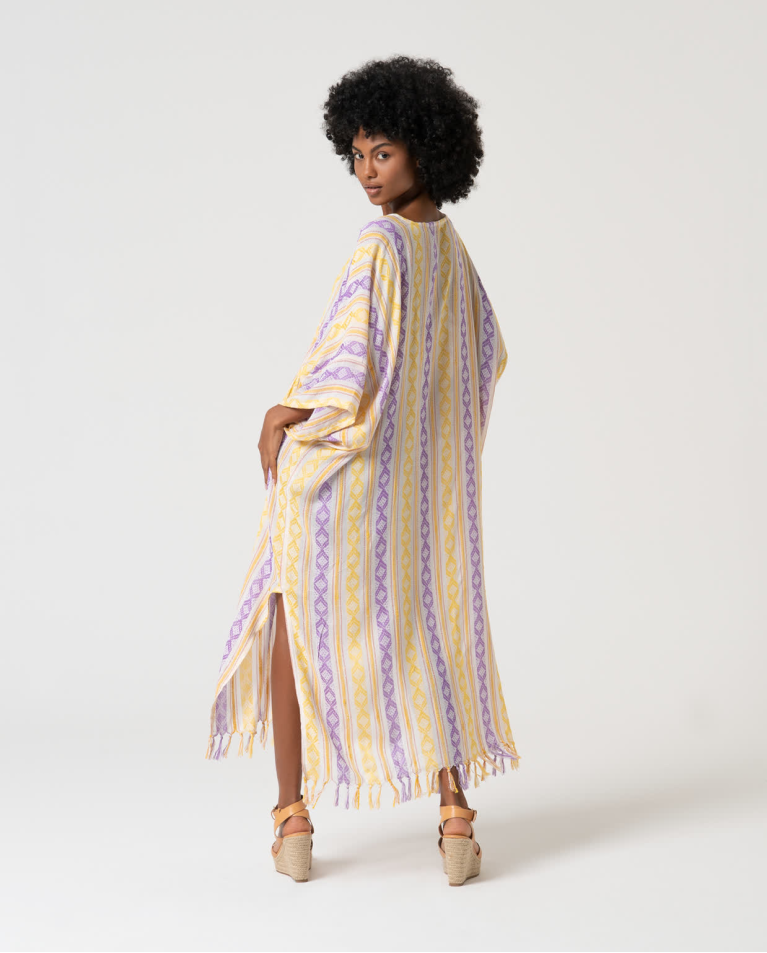 Surkana Kaftán Largo Cerrado Estampado Amarillo