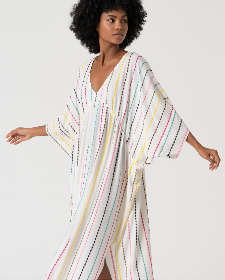 Surkana Kaftán Largo Cerrado Estampado Blanco