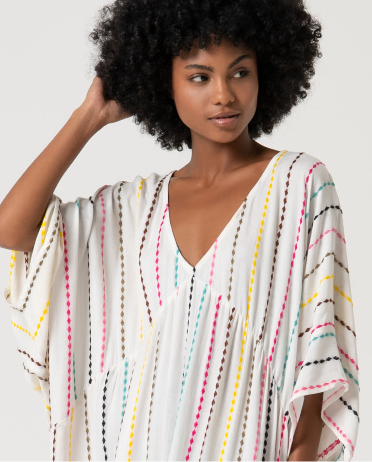 Surkana Kaftán Largo Cerrado Estampado Blanco