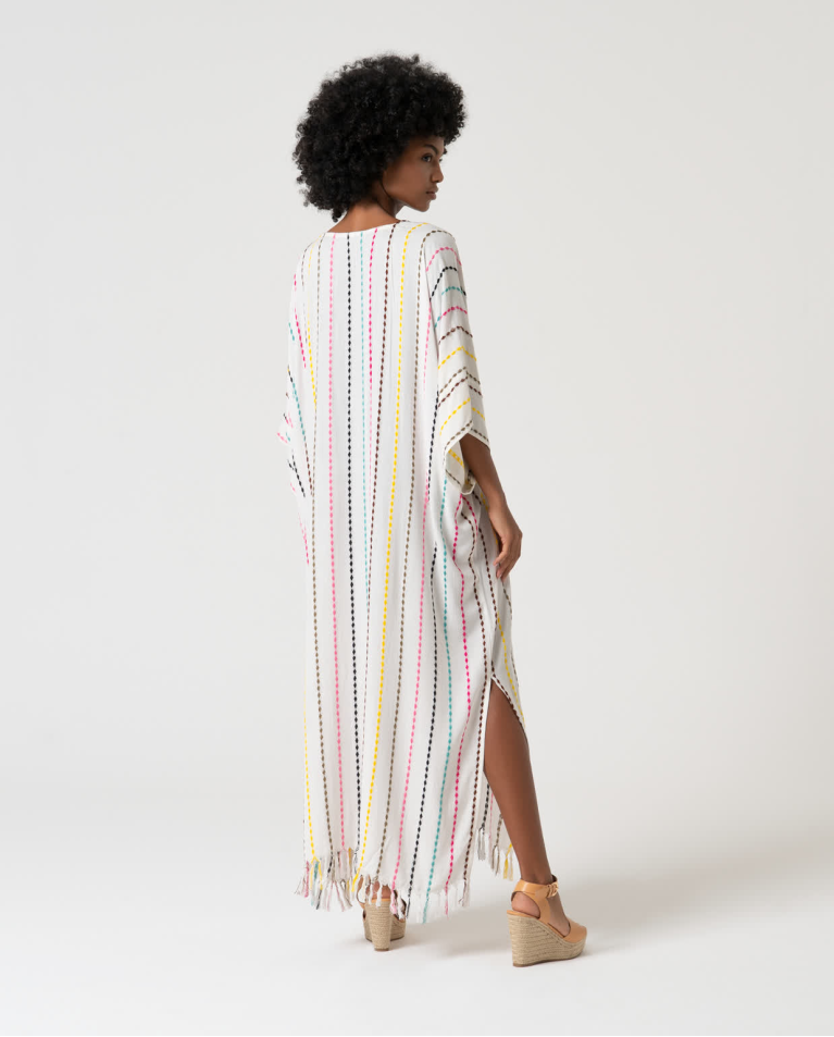 Surkana Kaftán Largo Cerrado Estampado Blanco