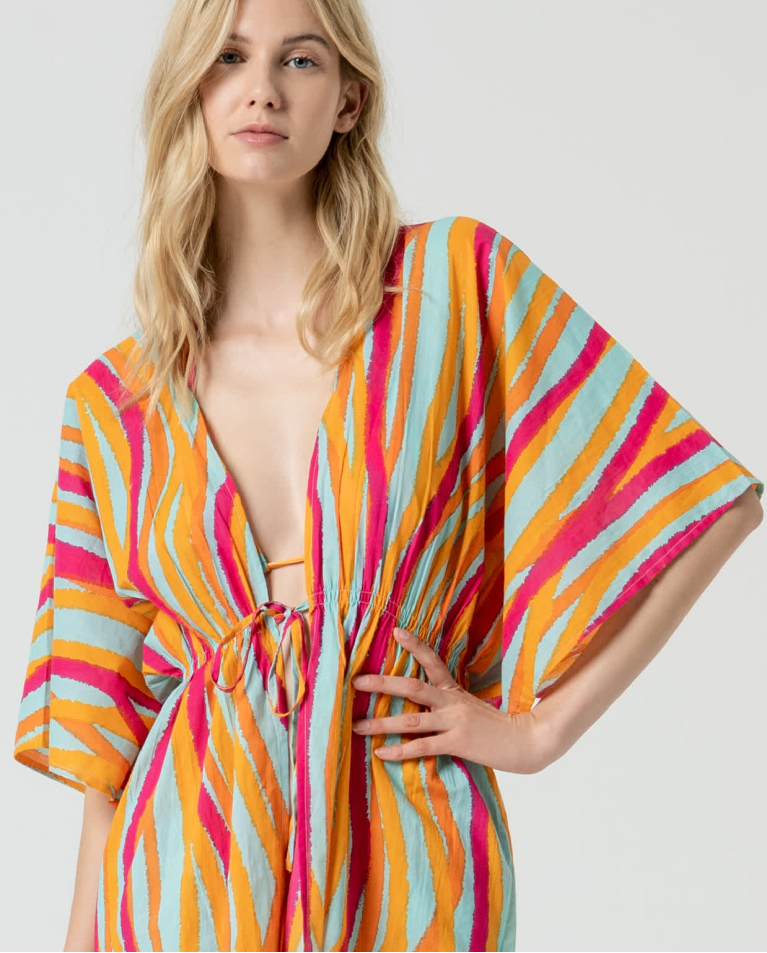 Surkana Kimono Corto Abierto Estampado Turquesa