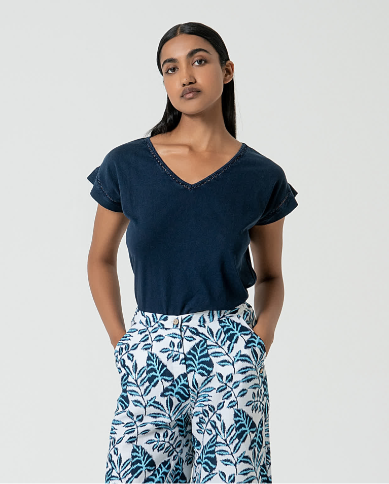 Surkana Pantalón Ancho De Lino Estampado Azul