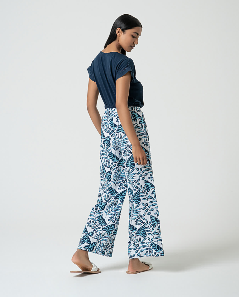 Surkana Pantalón Ancho De Lino Estampado Azul