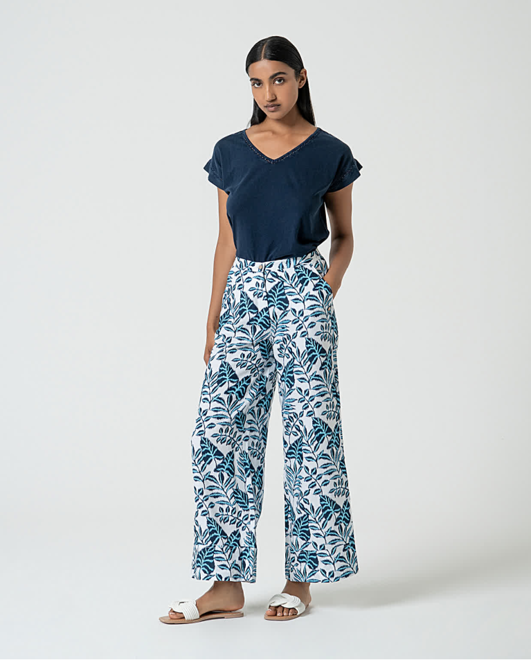 surkana Pantalón ancho de lino estampado Azul