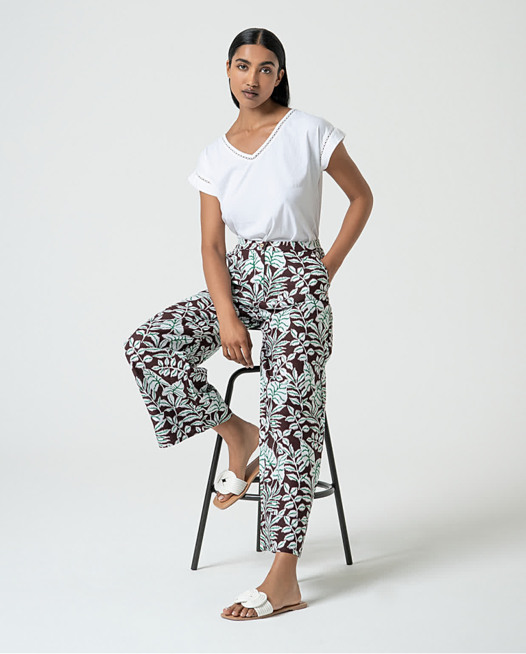 Surkana Pantalón Ancho De Lino Estampado Marrón