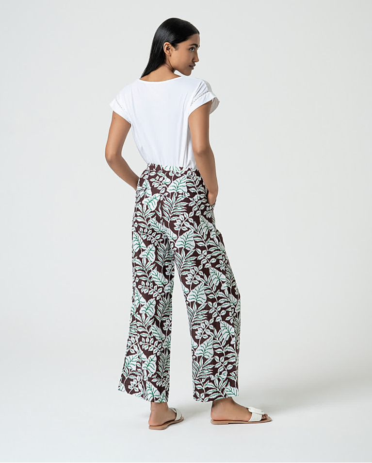 Surkana Pantalón Ancho De Lino Estampado Marrón