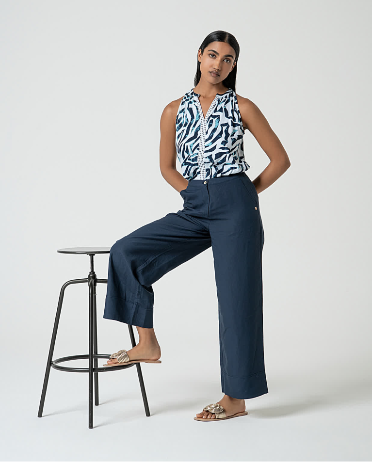 Surkana Pantalón Ancho De Lino Liso Marino