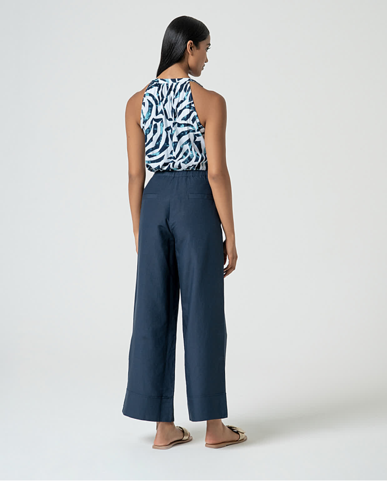 Surkana Pantalón Ancho De Lino Liso Marino