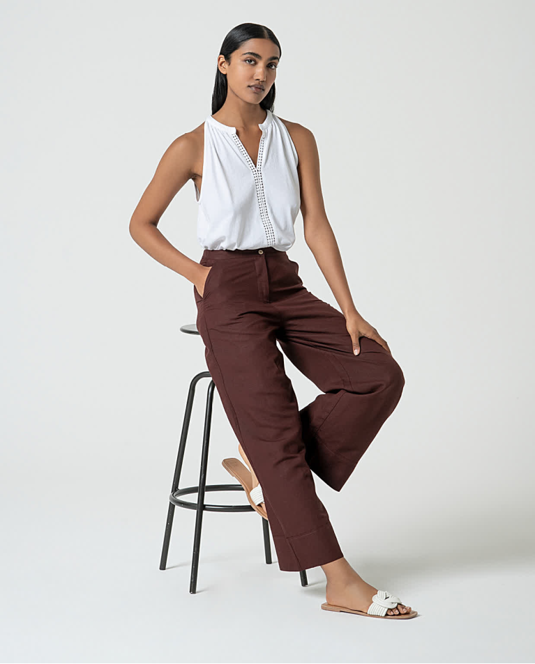 Surkana Pantalón Ancho De Lino Liso Marrón