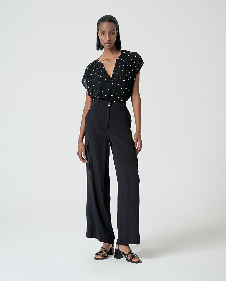 Surkana Pantalón Cargo Crepe Viscosa Liso Negro