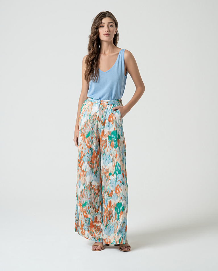 Surkana Pantalón Palazzo Satinado Estampado Azul