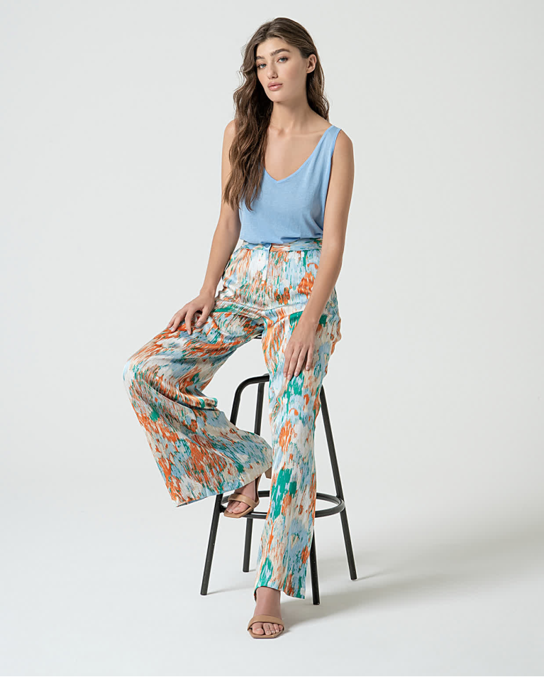 Surkana Pantalón Palazzo Satinado Estampado Azul