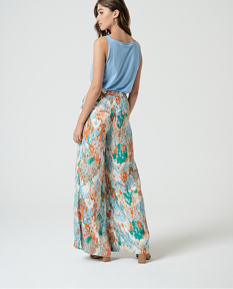 Surkana Pantalón Palazzo Satinado Estampado Azul