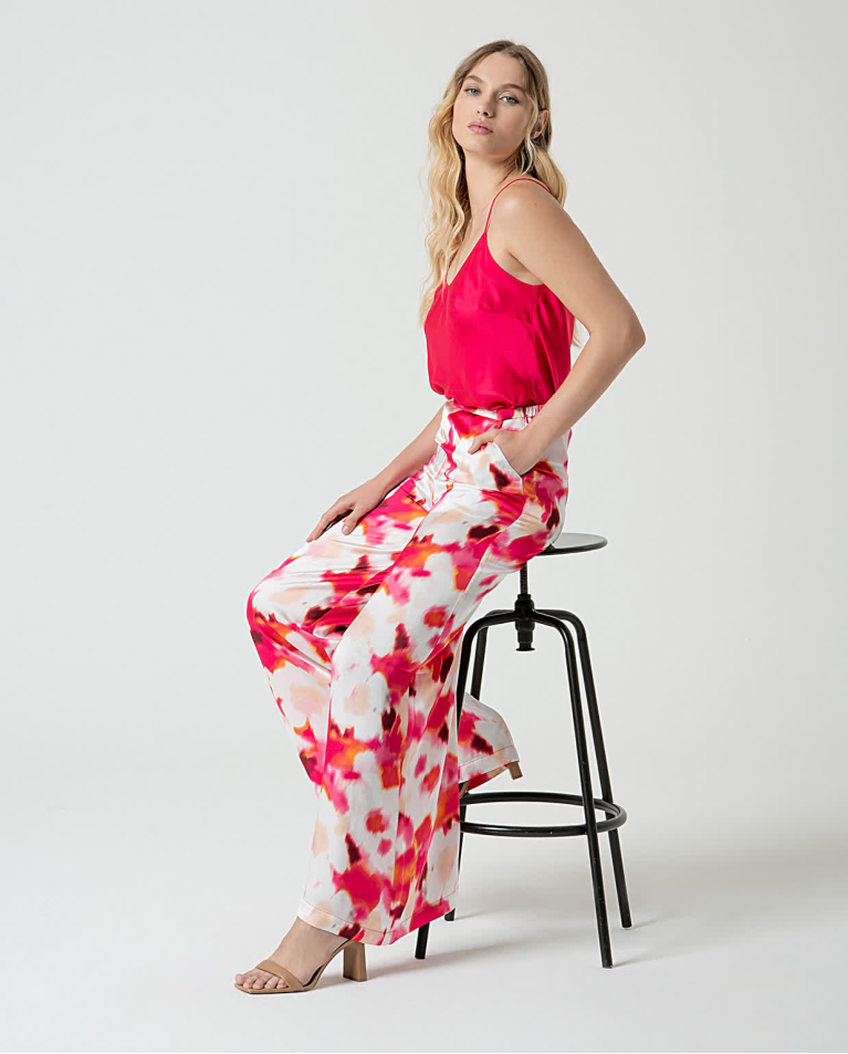 Surkana Pantalón Palazzo Satinado Estampado Fucsia