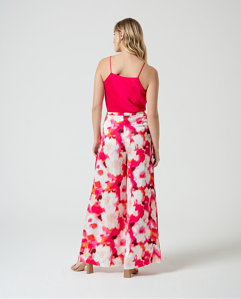 Surkana Pantalón Palazzo Satinado Estampado Fucsia
