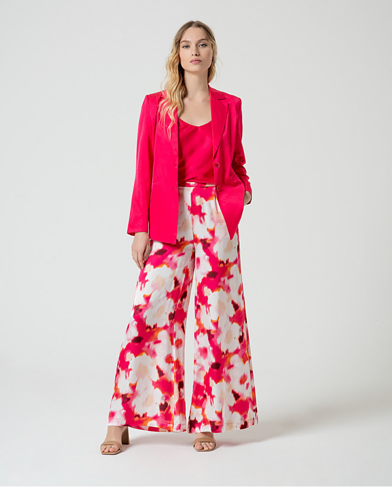 Surkana Pantalón Palazzo Satinado Estampado Fucsia