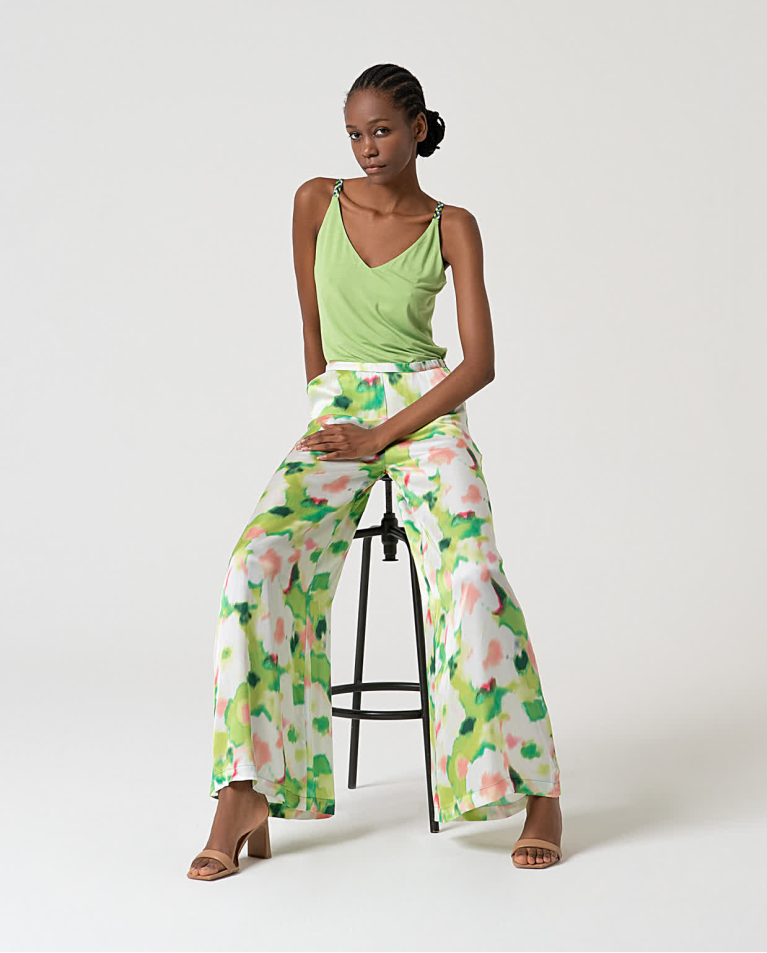 Surkana Pantalón Palazzo Satinado Estampado Verde