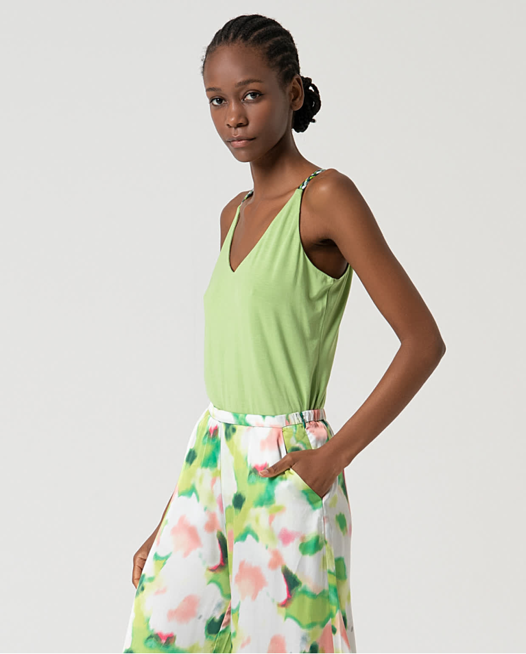 Surkana Pantalón Palazzo Satinado Estampado Verde